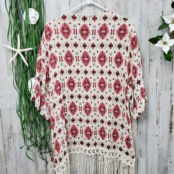 Lovesick Boho Fringe Cardigan Kimono Ivory Red Size OS - Picture 8 of 8